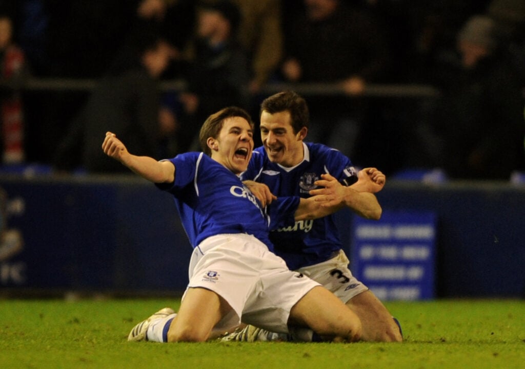Dan Gosling celebrates his winner for Everton vs Liverpool in the FA Cup