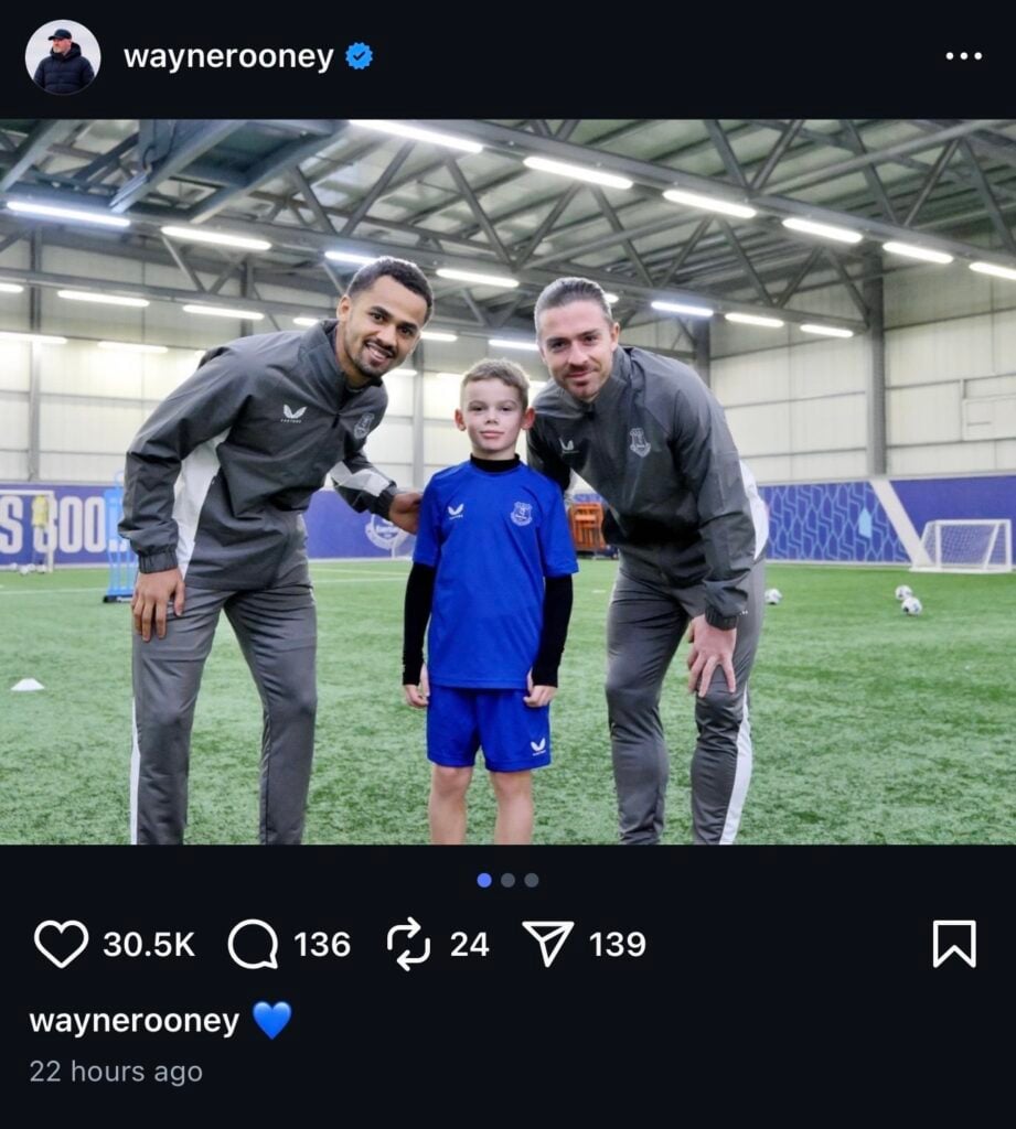 Jack Grealish and Iliman Ndiaye meet Wayne Rooney's son at Everton's academy day.