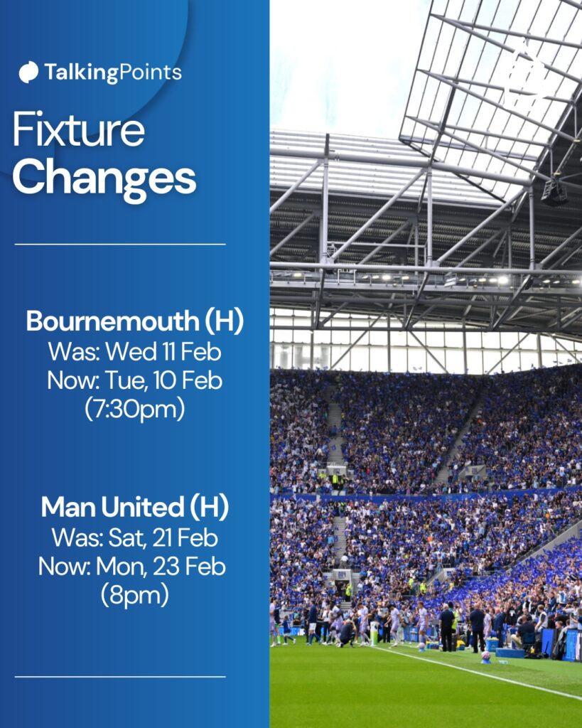 Everton fixture changes for February, 2026, announced.