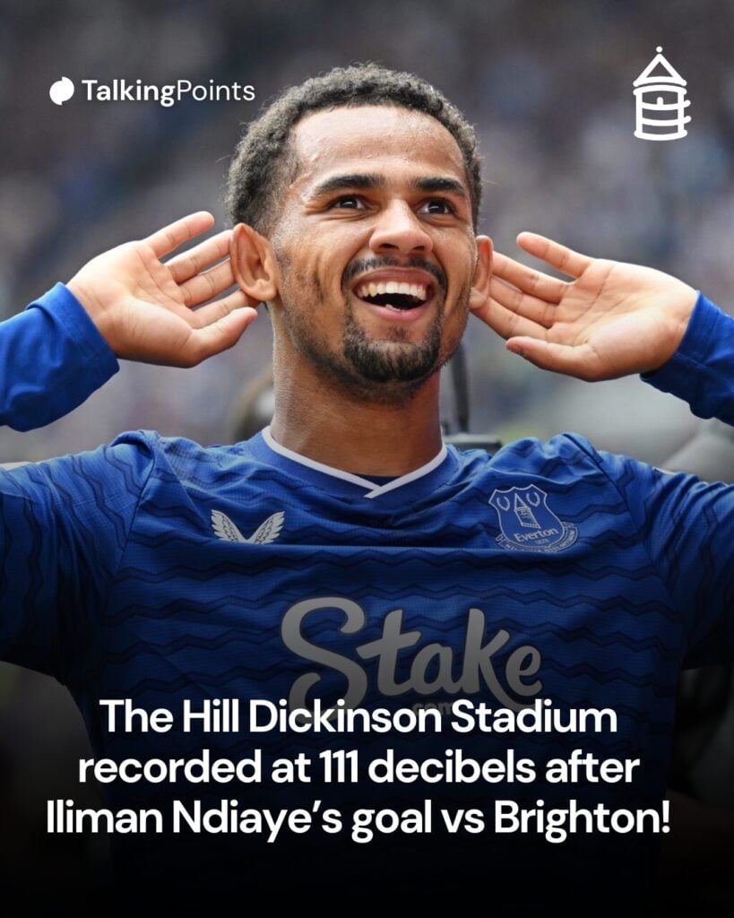Hill Dickinson Stadium decibel level after Iliman Ndiaye's goal vs Brighton & Hove Albion.