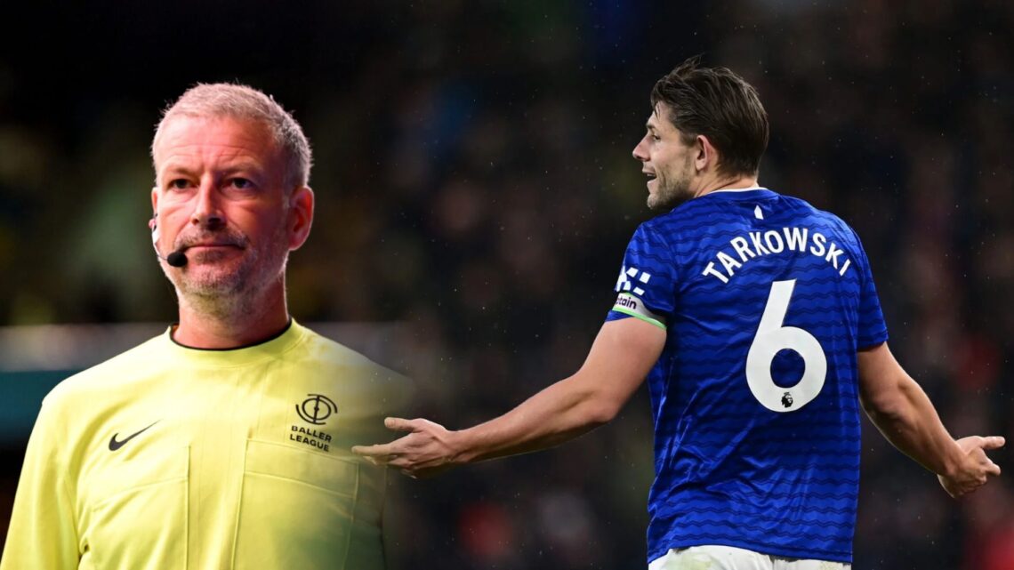 James Tarkowski of Everton reacts during the Premier League match between Everton and Nottingham Forest at Hill Dickinson Stadium. Mark Clattenburg...