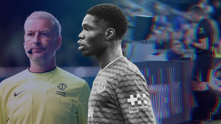 Everton striker Thierno Barry, Mark Clattenburg refereeing in the Ballers League and referee Sam Barrott during Everton vs Arsenal.