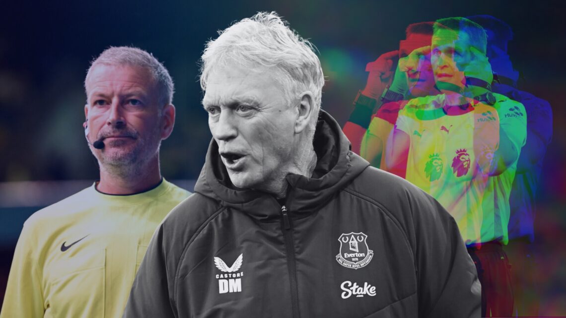 Mark Clattenburg refereeing in the Ballers League. Craig Pawson refereeing in the Premier League and David Moyes reacting during Burnley vs Everton.
