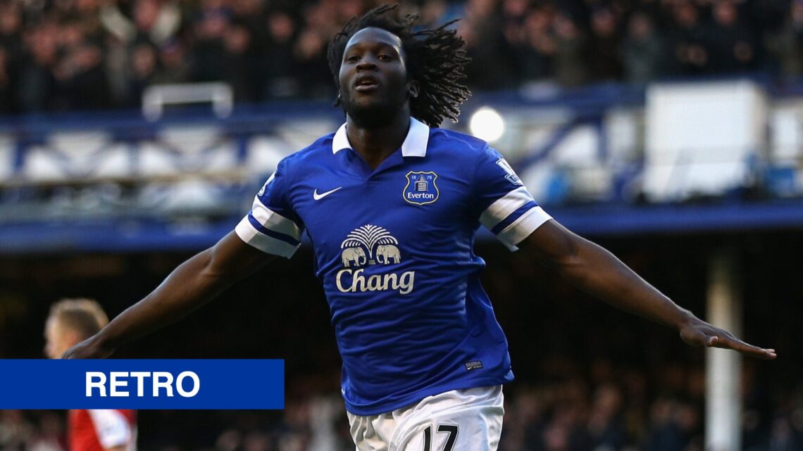 Everton striker Romelu Lukaku. Inset of retro banner.