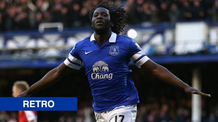 Everton striker Romelu Lukaku. Inset of retro banner.
