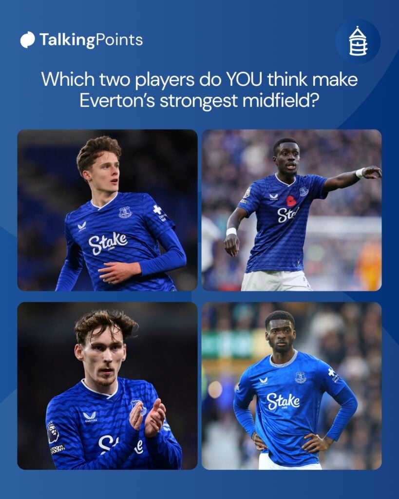 Everton midfielders Harrison Armstrong, James Garner, Tim Iroegbunam and Idrissa Gana Gueye in action.