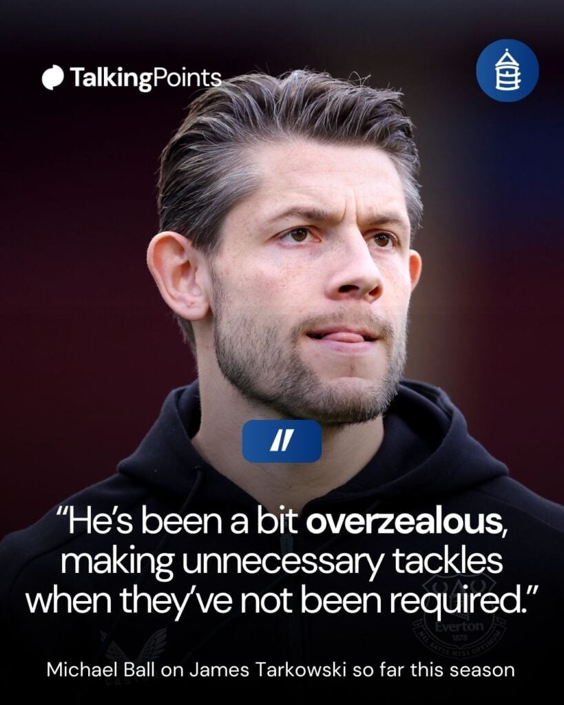 A custom graphic showing a quote from Michael Ball on James Tarkowski.