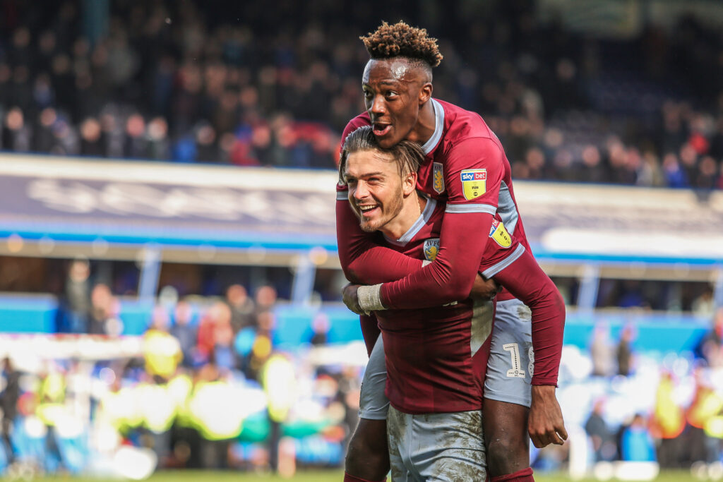Tammy Abraham and Jack Grealish celebrate for Aston Villa