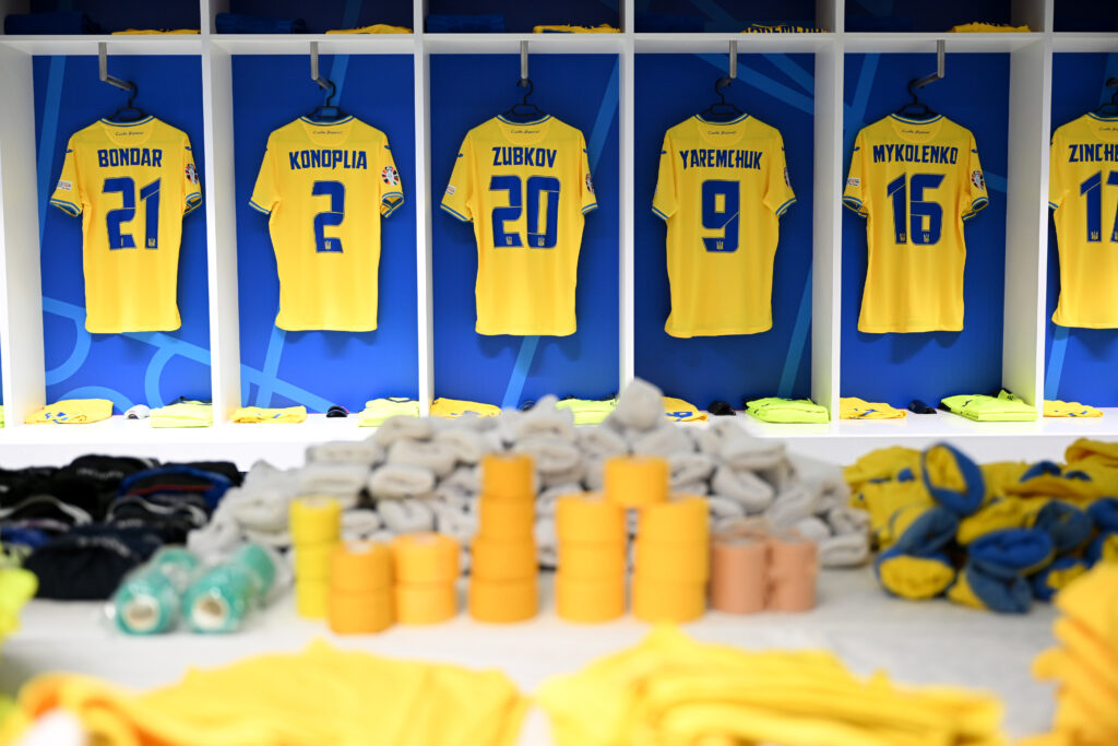 Ukraine shirts hanging up in the dressing room