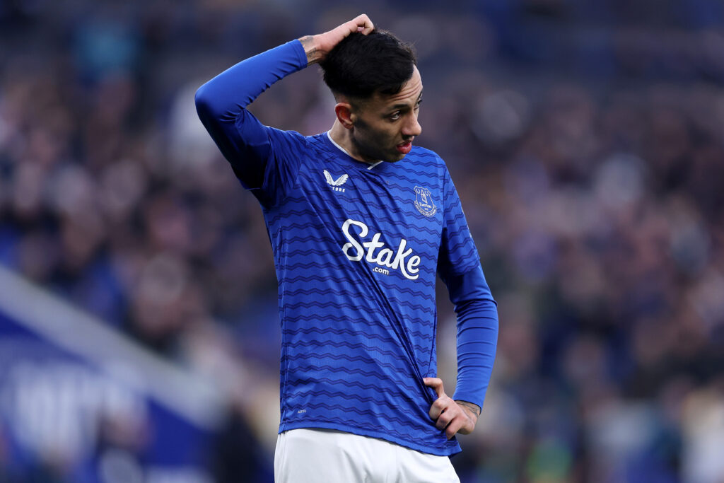 Dwight McNeil of Everton reacts during the Premier League match between Everton and Brentford at Hill Dickinson Stadium