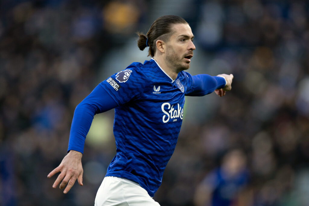 Jack Grealish points while playing for Everton.