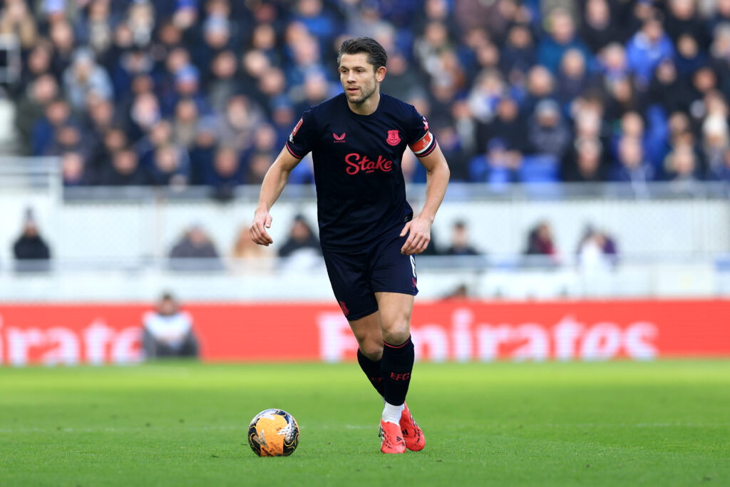 James Tarkowski playing for Everton.
