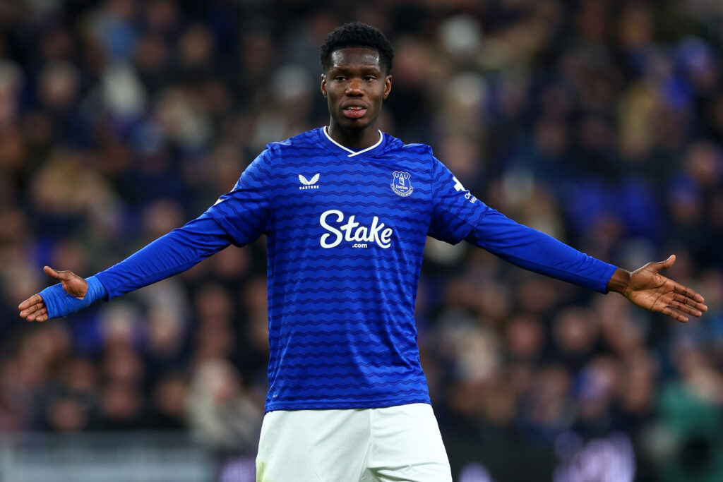 Everton striker Thierno Barry spreads out his arms.
