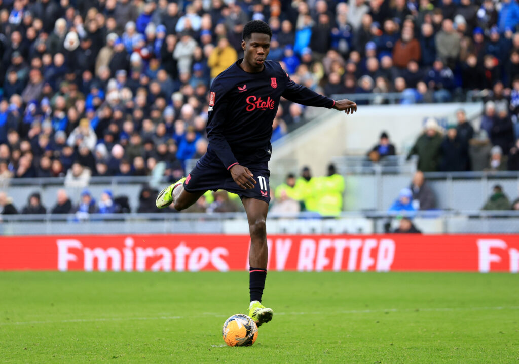 Thierno Barry takes a penalty for Everton.