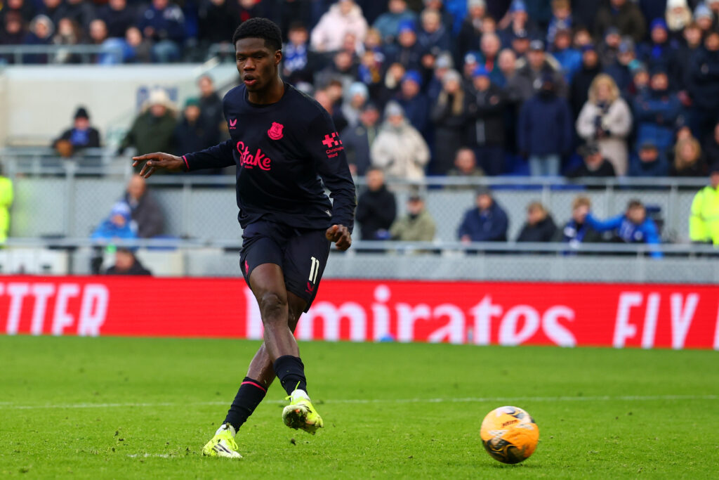 Thierno Barry takes a penalty for Everton.