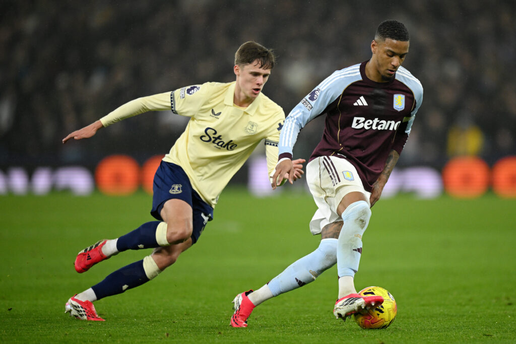 Everton's Harrison Armstrong presses Ezri Konsa.