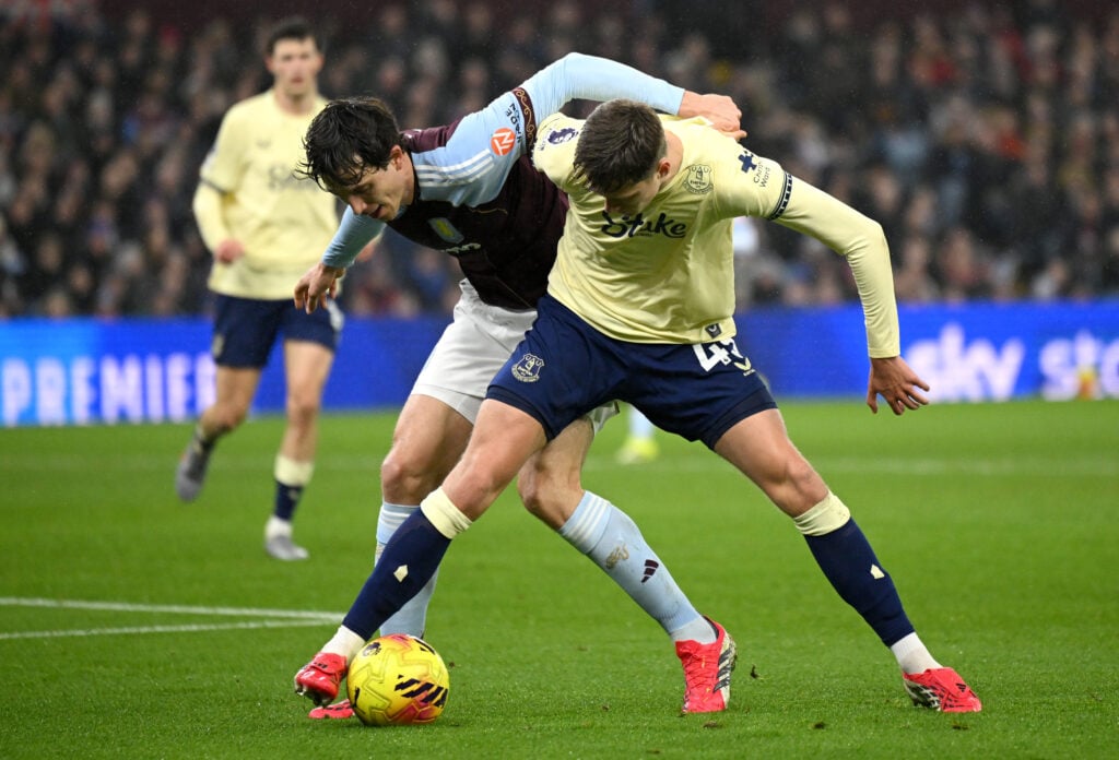 Harrison Armstrong battles for the ball for Everton.
