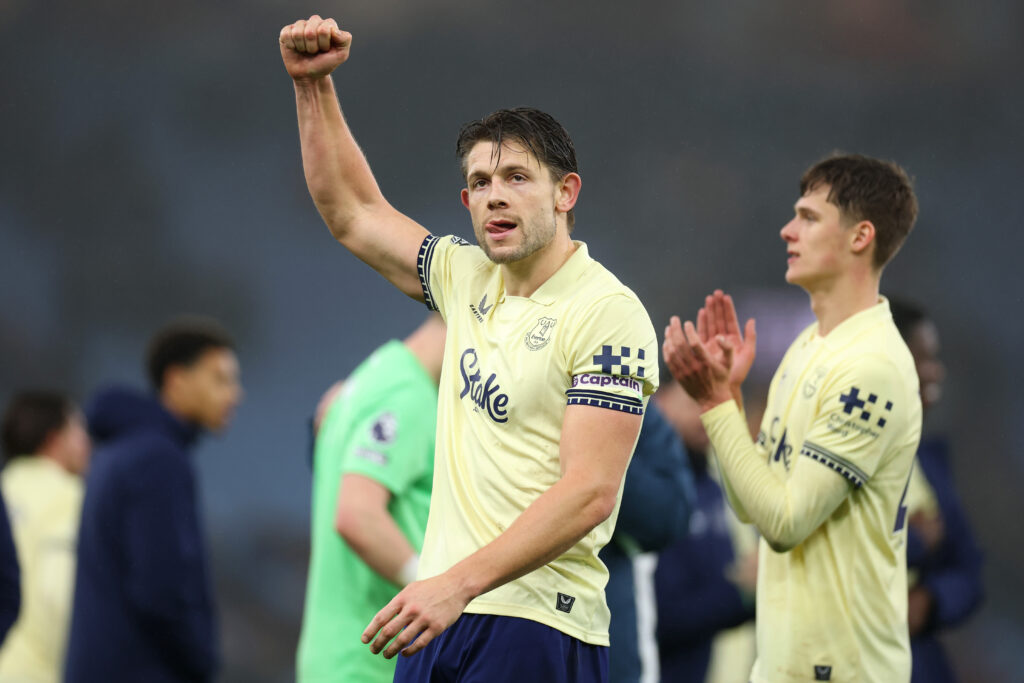 James Tarkowski pumps a fist.