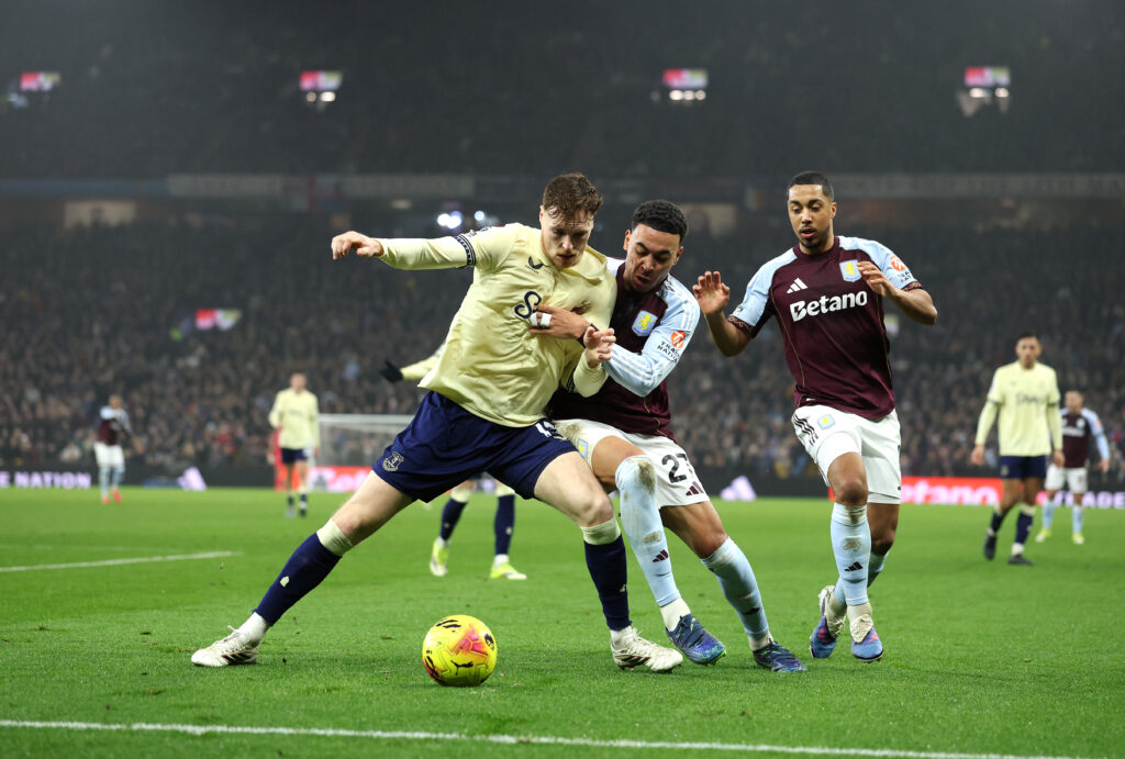 Jake O'Brien shields the ball for Everton.