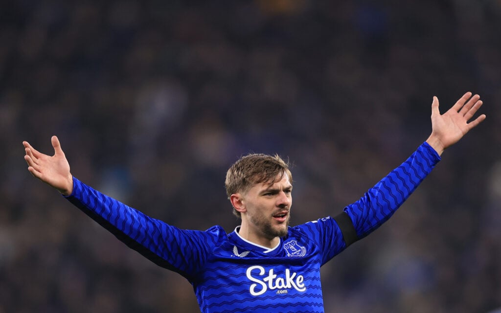 Kiernan Dewsbury-Hall spreads his arms for Everton.