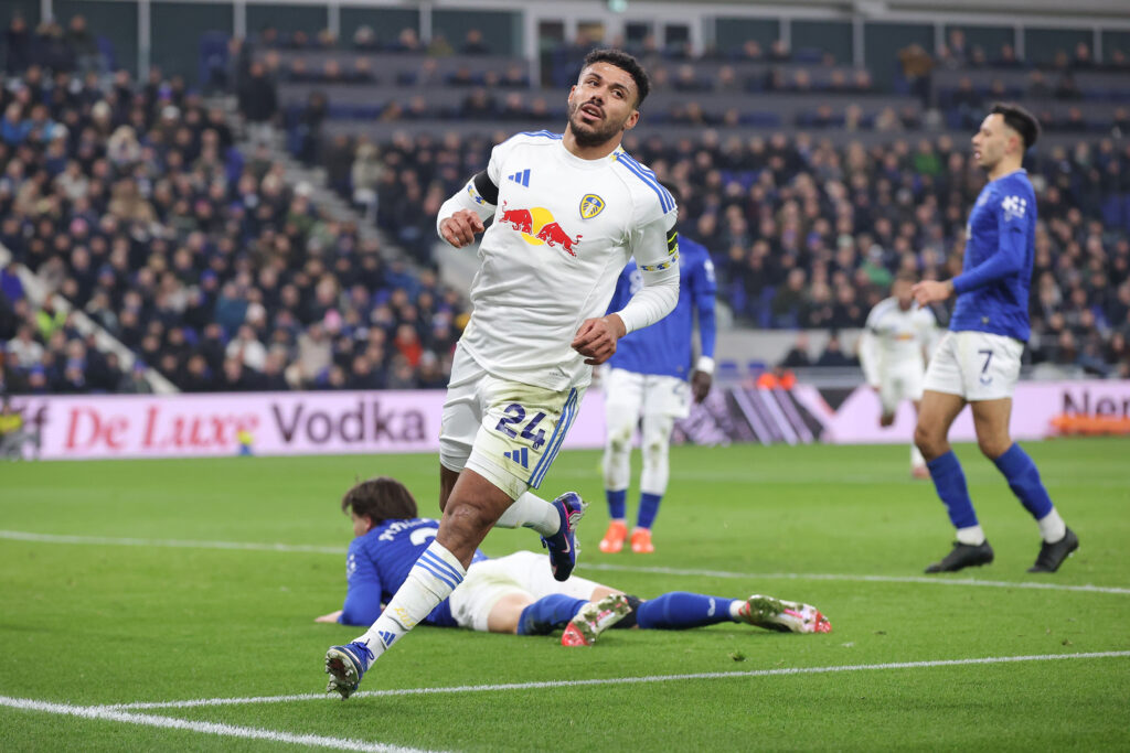 James Justin scores for Leeds against Everton.