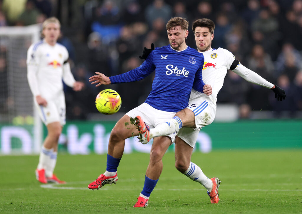 Kiernan Dewsbury-Hall protects the ball for Everton.