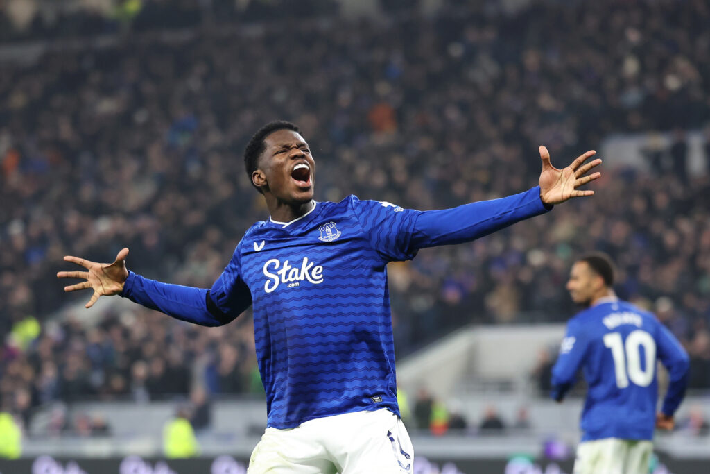 Thierno Barry celebrates after scoring for Everton.