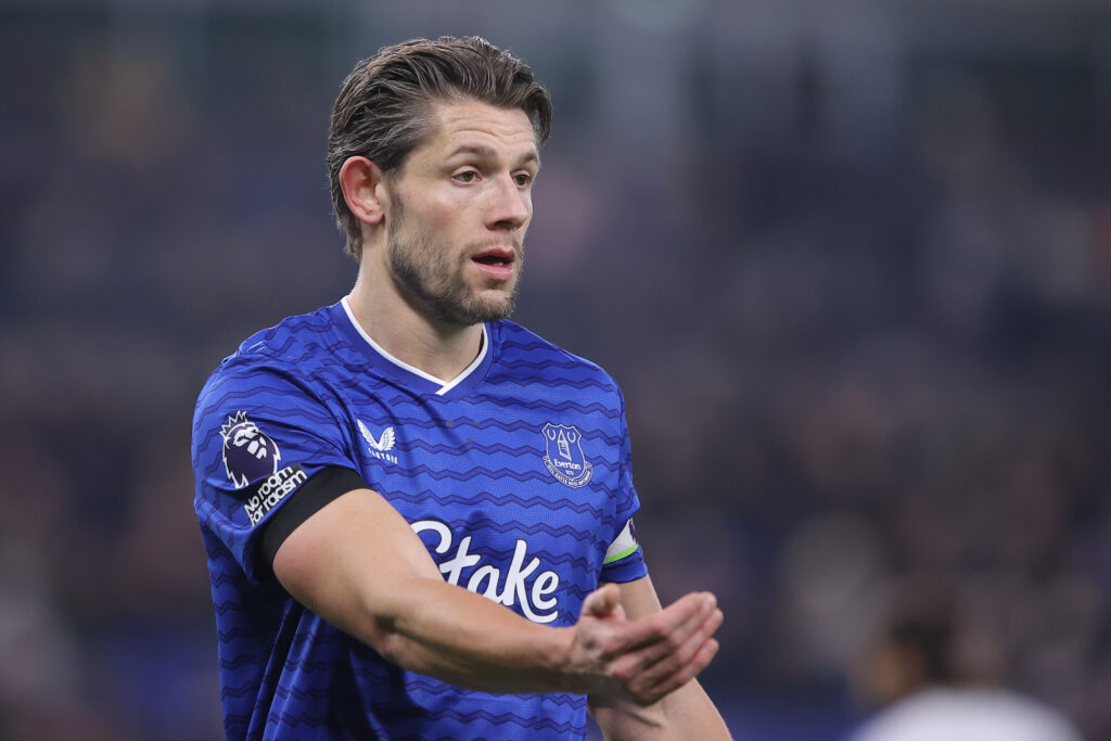 James Tarkowski playing for Everton.