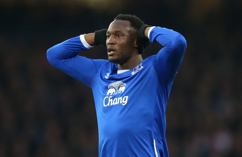Romelu Lukaku puts his hands on his head while playing for Everton.