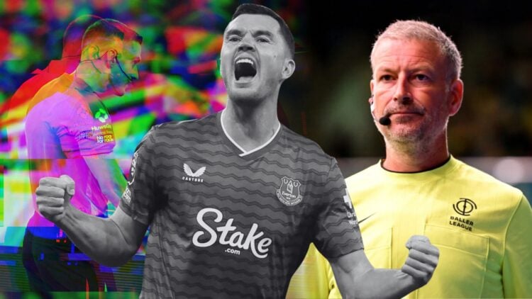 Michael Keane celebrating an Everton goal, with Mark Clattenburg and referee Tom Kirk inserted in image.