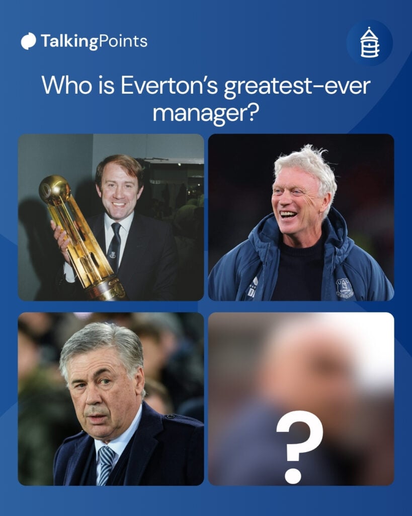 Howard Kendall, Carlo Ancelotti and David Moyes all managing Everton Football Club.