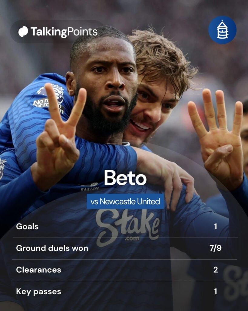 Beto celebrates his goal for Everton in the away victory against Newcastle United.