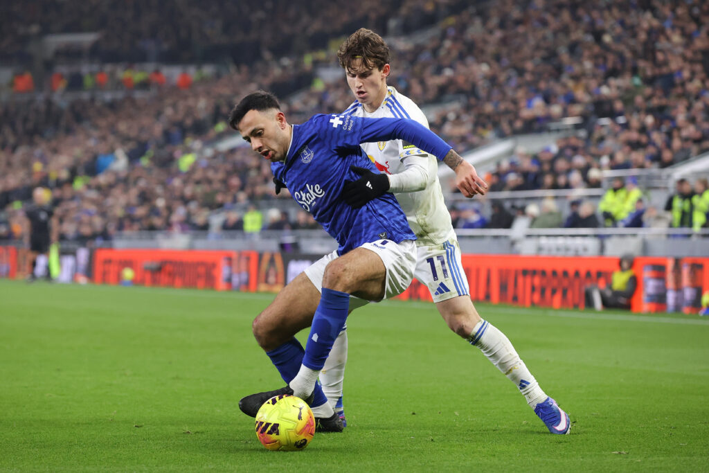 Dwight McNeil protecting the ball for Everton.
