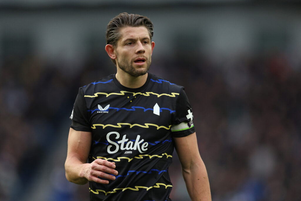 James Tarkowski playing for Everton.