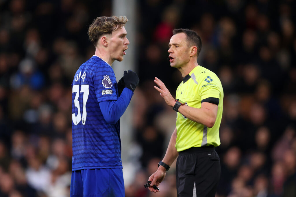 Everton's James Garner chats with the referee.