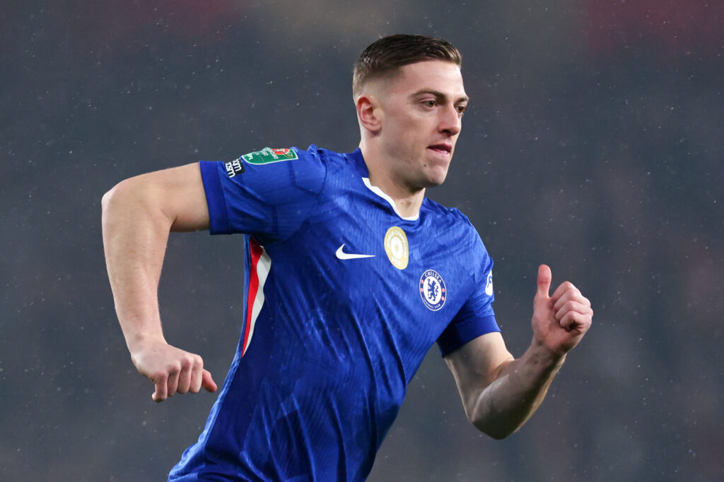 Liam Delap playing for Chelsea.