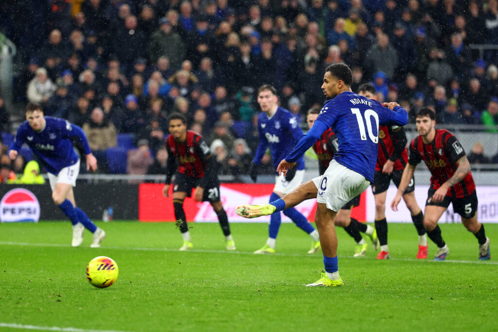 Iliman Ndiaye takes a penalty for Everton.