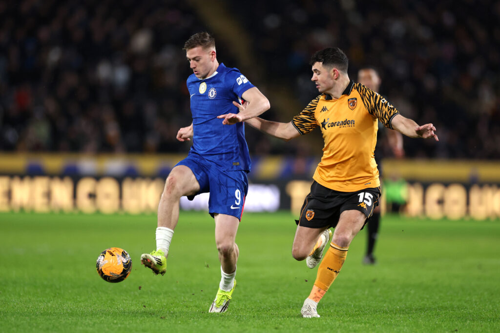 Liam Delap playing for Chelsea.