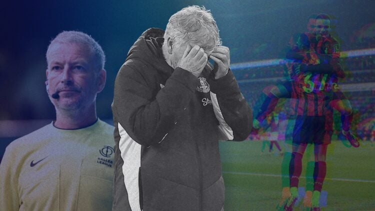Mark Clattenburg referees in the Baller League. Bournemouth players Eli Junior Kroupi and Alex Jimenez celebrate vs Everton. David Moyes reacts dur...