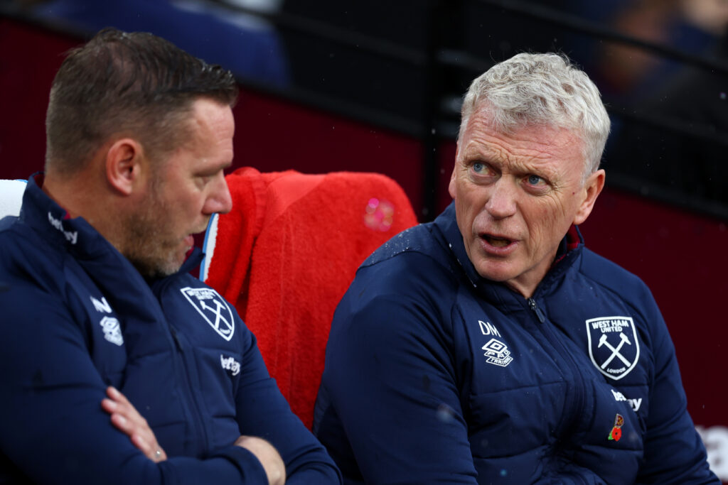 Kevin Nolan and David Moyes in conversation.
