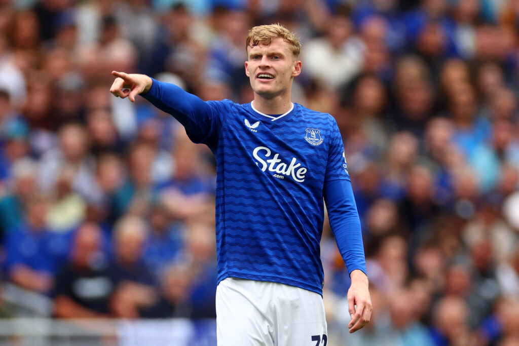 Jarrad Branthwaite pointing for Everton.