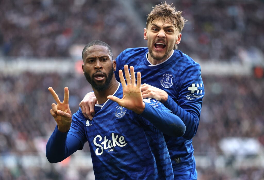 Beto and Kiernan Dewsbury-Hall celebrate for Everton.
