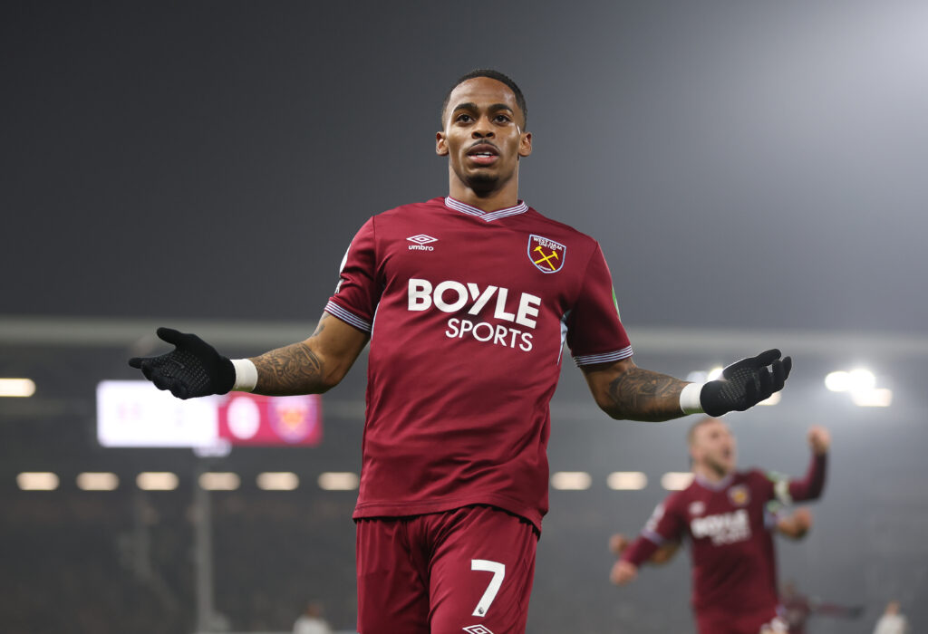 Crysencio Summerville scores for West Ham United.