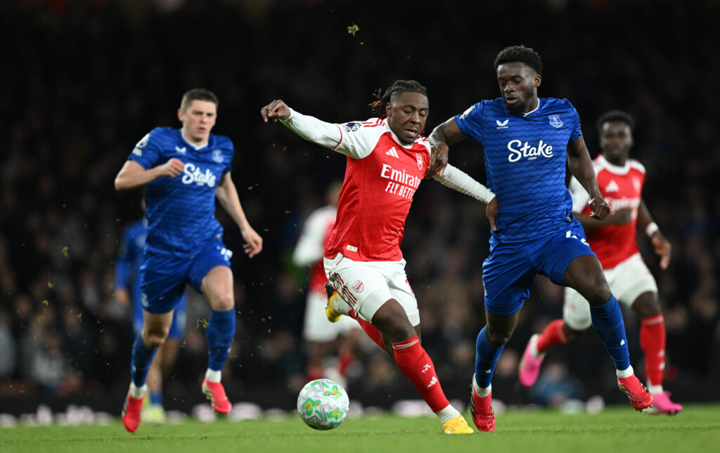 Tim Iroegbunam challenges Eberechi Eze for the ball.
