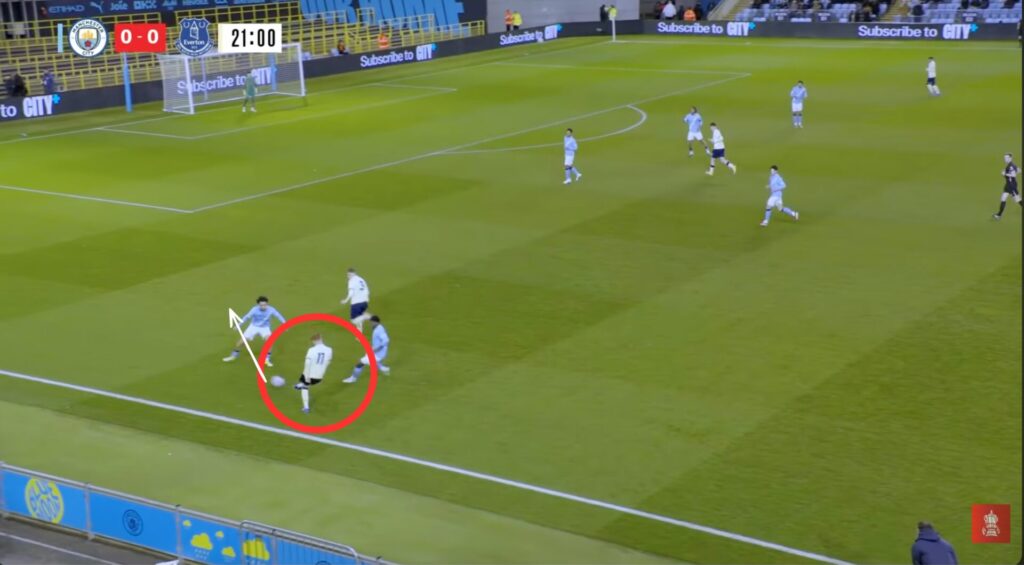 Braiden Graham in action for Everton U18s vs Man City in the FA Youth Cup.