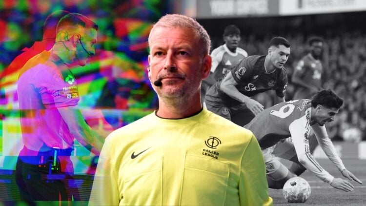 Kai Havertz of Arsenal is challenged by Michael Keane of Everton. Mark Clattenburg referees during Baller League. Thomas Kirk checks the VAR monito...