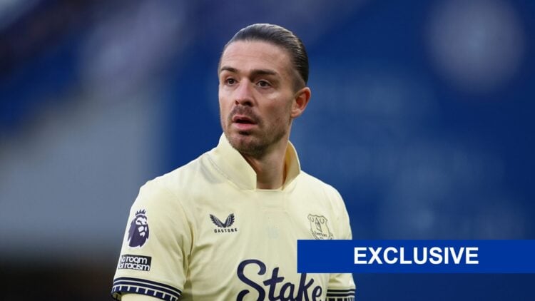 Jack Grealish in action for Everton during game, with exclusive banner overlayed