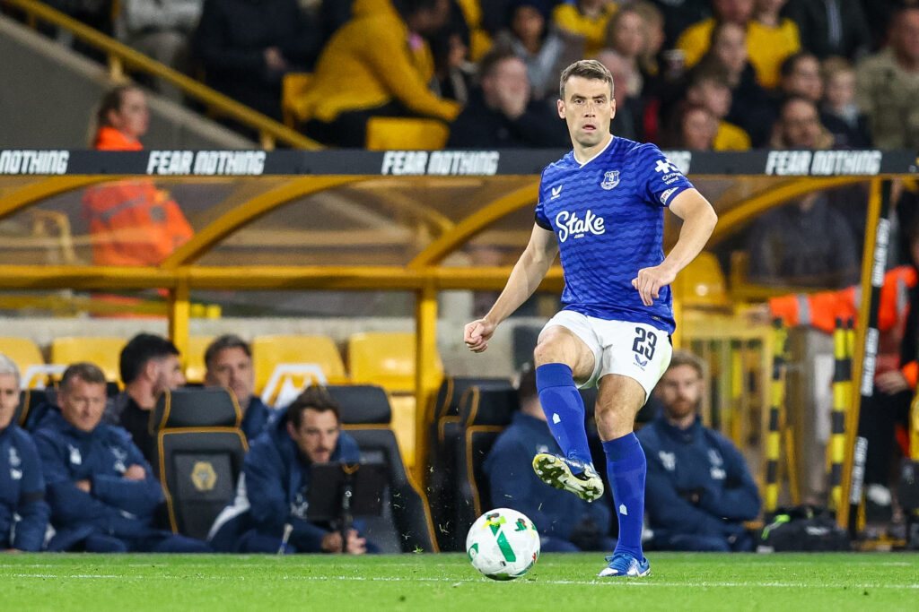 Seamus Coleman plays a pass for Everton.