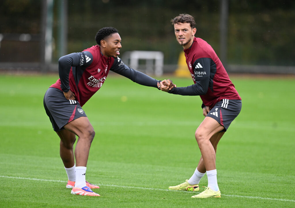 Ben White and Myles Lewis-Skelly in Arsenal training.