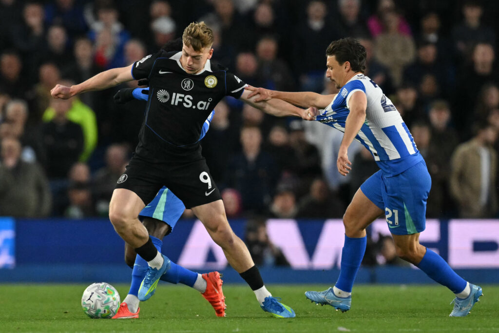 Chelsea striker Liam Delap in action against Brighton.